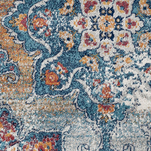 HomeRoots 5' Striking Medallion Area Rug in Blue, Red, and Orange - Durable, Pet-Friendly Design for Any Room 6' Round 531879