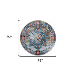 HomeRoots 5' Striking Medallion Area Rug in Blue, Red, and Orange - Durable, Pet-Friendly Design for Any Room 6' Round 531879