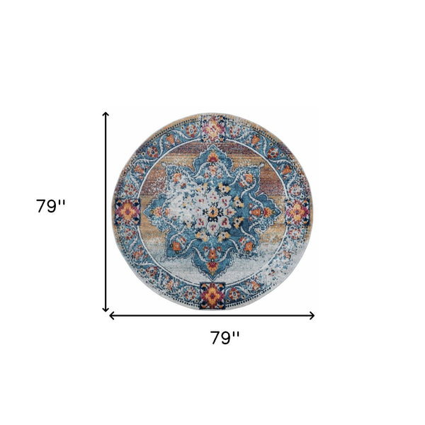 HomeRoots 5' Striking Medallion Area Rug in Blue, Red, and Orange - Durable, Pet-Friendly Design for Any Room 6' Round 531879