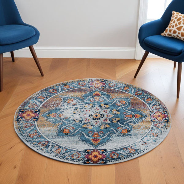 HomeRoots 5' Striking Medallion Area Rug in Blue, Red, and Orange - Durable, Pet-Friendly Design for Any Room 6' Round 531879