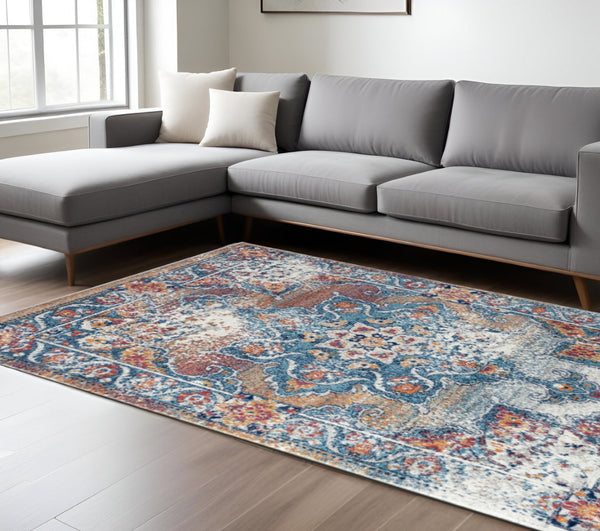 HomeRoots 5' Striking Medallion Area Rug in Blue, Red, and Orange - Durable, Pet-Friendly Design for Any Room 8' X 10' 531880