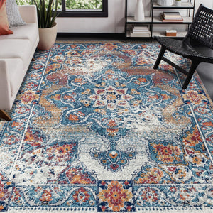 HomeRoots 5' Striking Medallion Area Rug in Blue, Red, and Orange - Durable, Pet-Friendly Design for Any Room 9' X 12' 531881