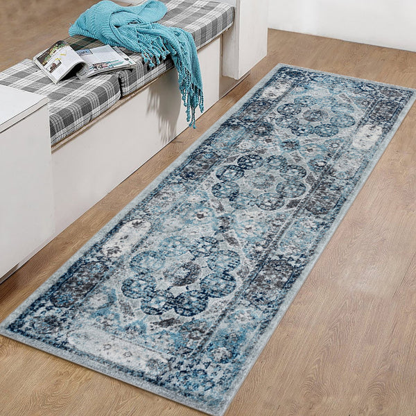 Homeroots 6' Ivory Blue And Gray Medallion Runner Rug - Durable, Stain-resistant, Perfect For High-traffic Areas! 2' X 6' Polypropylene 531883