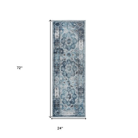 Homeroots 6' Ivory Blue And Gray Medallion Runner Rug - Durable, Stain-resistant, Perfect For High-traffic Areas! 2' X 6' Polypropylene 531883