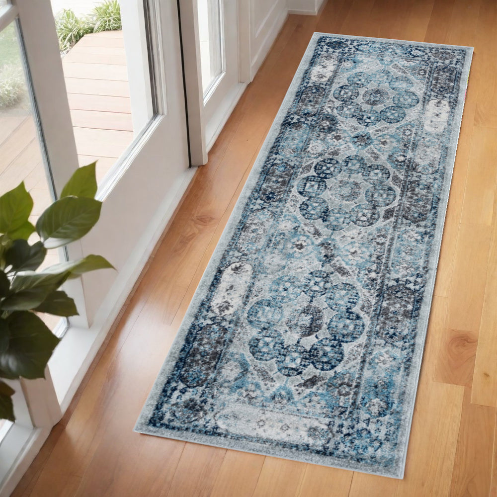 Homeroots 6' Ivory Blue And Gray Medallion Runner Rug - Durable, Stain-resistant, Perfect For High-traffic Areas! 2' X 6' Polypropylene 531883