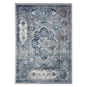HomeRoots 5' Timeless Ivory Blue and Gray Medallion Area Rug for Elegant Living Spaces and Easy Care 5' X 8' 531886