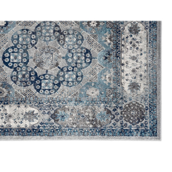 HomeRoots 5' Timeless Ivory Blue and Gray Medallion Area Rug for Elegant Living Spaces and Easy Care 5' X 8' 531886