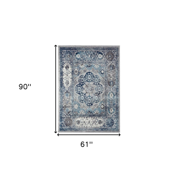HomeRoots 5' Timeless Ivory Blue and Gray Medallion Area Rug for Elegant Living Spaces and Easy Care 5' X 8' 531886
