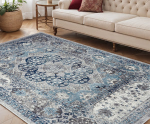 HomeRoots 5' Timeless Ivory Blue and Gray Medallion Area Rug for Elegant Living Spaces and Easy Care 5' X 8' 531886