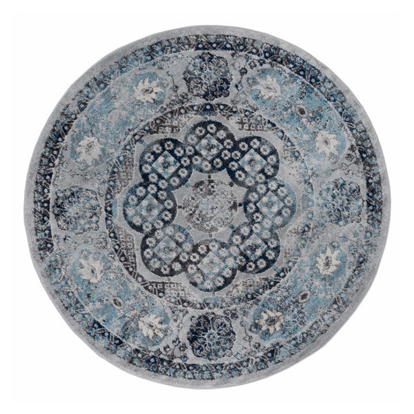 HomeRoots 5' Timeless Ivory Blue and Gray Medallion Area Rug for Elegant Living Spaces and Easy Care 6' Round 531887