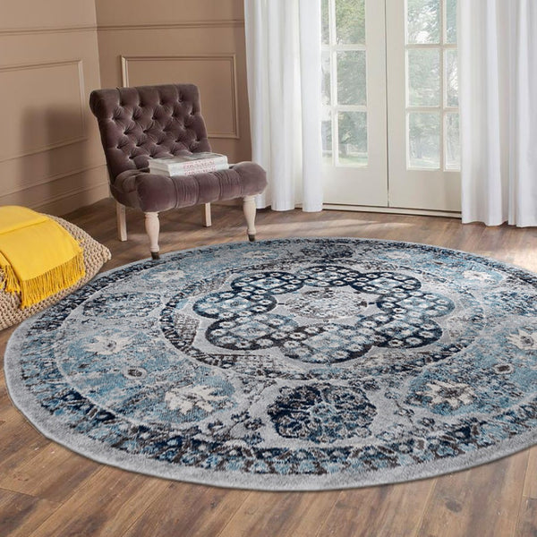 HomeRoots 5' Timeless Ivory Blue and Gray Medallion Area Rug for Elegant Living Spaces and Easy Care 6' Round 531887