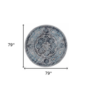 HomeRoots 5' Timeless Ivory Blue and Gray Medallion Area Rug for Elegant Living Spaces and Easy Care 6' Round 531887