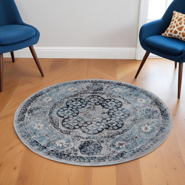 HomeRoots 5' Timeless Ivory Blue and Gray Medallion Area Rug for Elegant Living Spaces and Easy Care 6' Round 531887