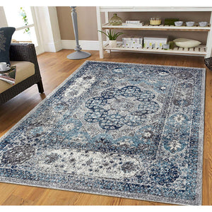HomeRoots 5' Timeless Ivory Blue and Gray Medallion Area Rug for Elegant Living Spaces and Easy Care 8' X 10' 531888