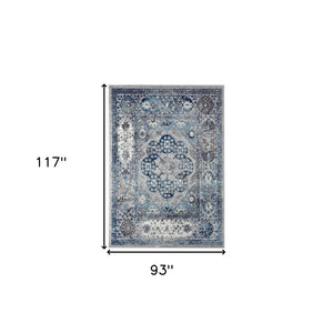 HomeRoots 5' Timeless Ivory Blue and Gray Medallion Area Rug for Elegant Living Spaces and Easy Care 8' X 10' 531888