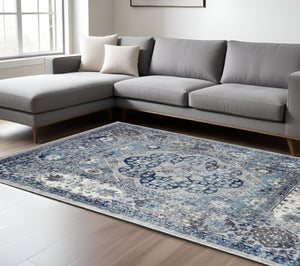 HomeRoots 5' Timeless Ivory Blue and Gray Medallion Area Rug for Elegant Living Spaces and Easy Care 8' X 10' 531888