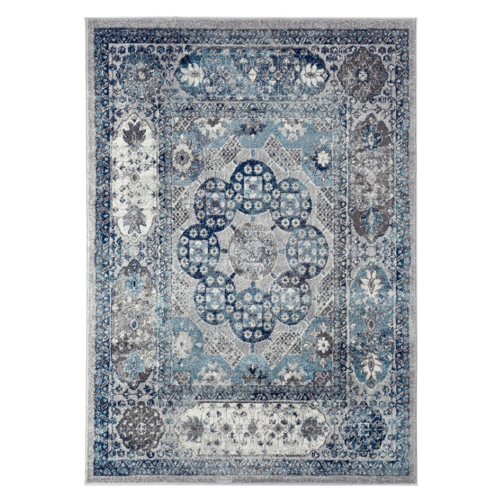 HomeRoots 5' Timeless Ivory Blue and Gray Medallion Area Rug for Elegant Living Spaces and Easy Care 9' X 12' 531889