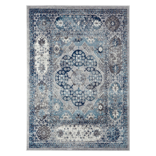 HomeRoots 5' Timeless Ivory Blue and Gray Medallion Area Rug for Elegant Living Spaces and Easy Care 9' X 12' 531889