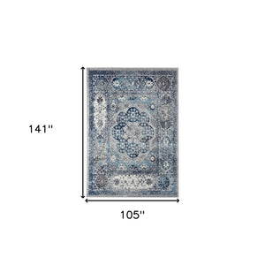 HomeRoots 5' Timeless Ivory Blue and Gray Medallion Area Rug for Elegant Living Spaces and Easy Care 9' X 12' 531889