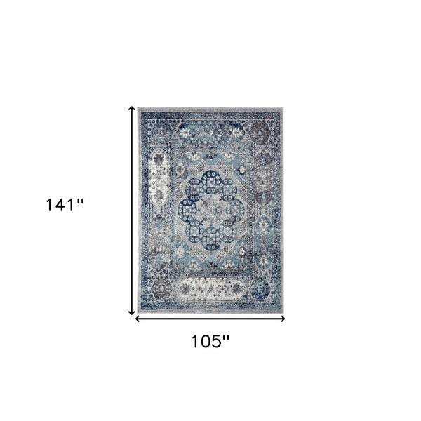 HomeRoots 5' Timeless Ivory Blue and Gray Medallion Area Rug for Elegant Living Spaces and Easy Care 9' X 12' 531889