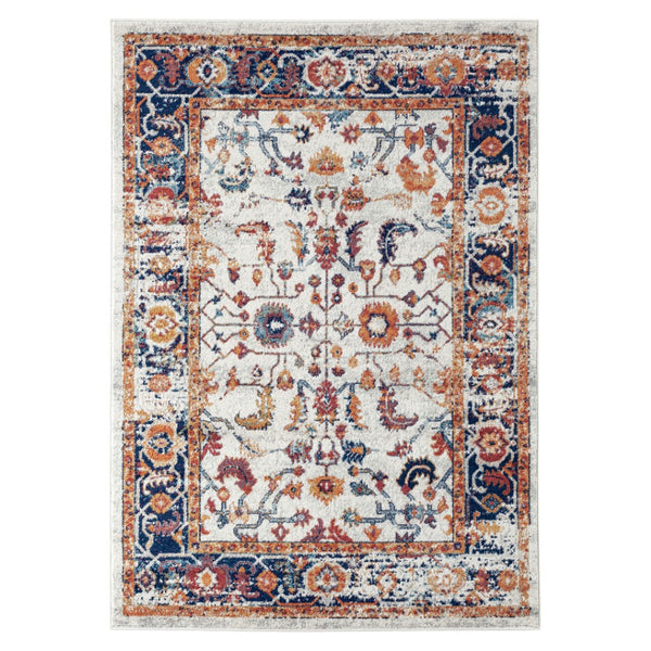 HomeRoots 5' Elegant Ivory Navy and Orange Floral Area Rug - Durable, Pet-Friendly Design for Busy Homes 5' X 8' 531894