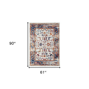 HomeRoots 5' Elegant Ivory Navy and Orange Floral Area Rug - Durable, Pet-Friendly Design for Busy Homes 5' X 8' 531894