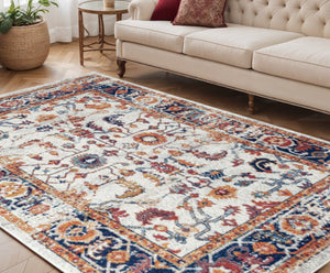 HomeRoots 5' Elegant Ivory Navy and Orange Floral Area Rug - Durable, Pet-Friendly Design for Busy Homes 5' X 8' 531894