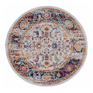 HomeRoots 5' Elegant Ivory Navy and Orange Floral Area Rug - Durable, Pet-Friendly Design for Busy Homes 6' Round 531895