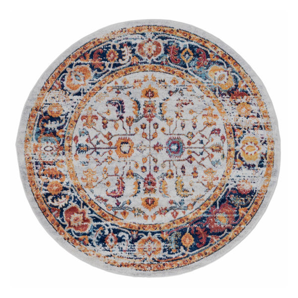 HomeRoots 5' Elegant Ivory Navy and Orange Floral Area Rug - Durable, Pet-Friendly Design for Busy Homes 6' Round 531895