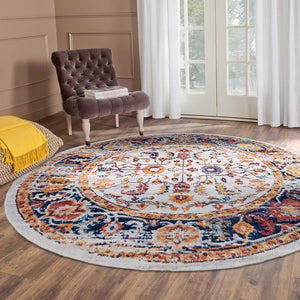 HomeRoots 5' Elegant Ivory Navy and Orange Floral Area Rug - Durable, Pet-Friendly Design for Busy Homes 6' Round 531895