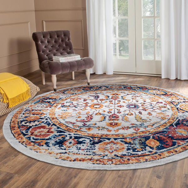HomeRoots 5' Elegant Ivory Navy and Orange Floral Area Rug - Durable, Pet-Friendly Design for Busy Homes 6' Round 531895