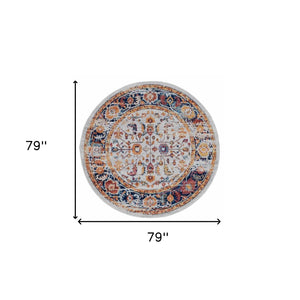 HomeRoots 5' Elegant Ivory Navy and Orange Floral Area Rug - Durable, Pet-Friendly Design for Busy Homes 6' Round 531895