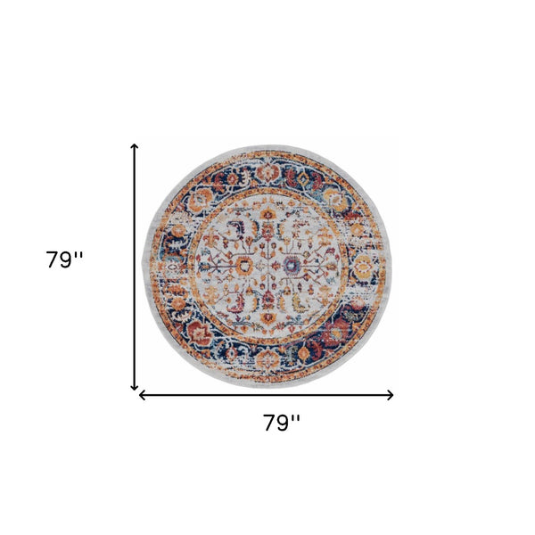 HomeRoots 5' Elegant Ivory Navy and Orange Floral Area Rug - Durable, Pet-Friendly Design for Busy Homes 6' Round 531895