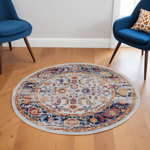 HomeRoots 5' Elegant Ivory Navy and Orange Floral Area Rug - Durable, Pet-Friendly Design for Busy Homes 6' Round 531895