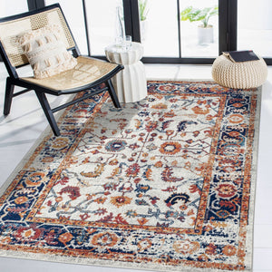 HomeRoots 5' Elegant Ivory Navy and Orange Floral Area Rug - Durable, Pet-Friendly Design for Busy Homes 8' X 10' 531896