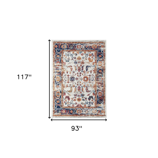 HomeRoots 5' Elegant Ivory Navy and Orange Floral Area Rug - Durable, Pet-Friendly Design for Busy Homes 8' X 10' 531896