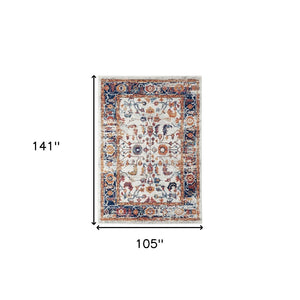 HomeRoots 5' Elegant Ivory Navy and Orange Floral Area Rug - Durable, Pet-Friendly Design for Busy Homes 9' X 12' 531897