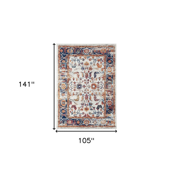 HomeRoots 5' Elegant Ivory Navy and Orange Floral Area Rug - Durable, Pet-Friendly Design for Busy Homes 9' X 12' 531897