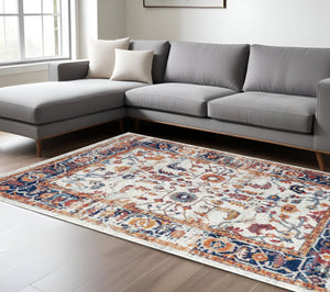 HomeRoots 5' Elegant Ivory Navy and Orange Floral Area Rug - Durable, Pet-Friendly Design for Busy Homes 9' X 12' 531897