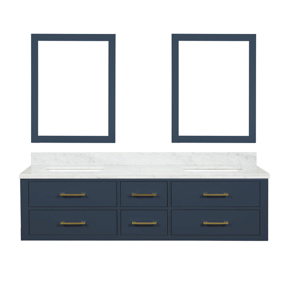 English Elm Blue Double Bath Vanity 72 in W x 22 in D with Carrara Marble Top, Soft-Close Drawers & Dual 34" Mirrors B2731S01571
