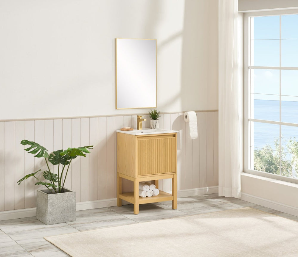 English Elm 20 Inch Ash Wood Bathroom Vanity Pre-assembled with Ceramic Basin and Adjustable Storage W2316P380501