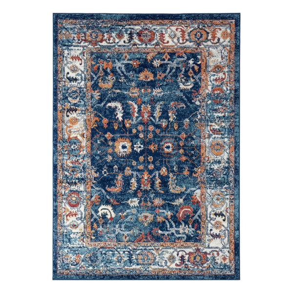 HomeRoots 5' Elegant Ivory Navy and Orange Floral Area Rug - Durable, Pet-Friendly Design for Busy Homes 5' X 8' 531902