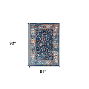 HomeRoots 5' Elegant Ivory Navy and Orange Floral Area Rug - Durable, Pet-Friendly Design for Busy Homes 5' X 8' 531902