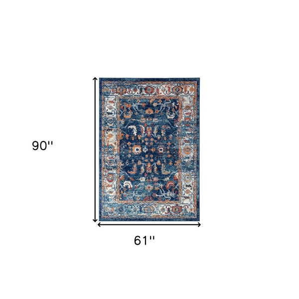 HomeRoots 5' Elegant Ivory Navy and Orange Floral Area Rug - Durable, Pet-Friendly Design for Busy Homes 5' X 8' 531902
