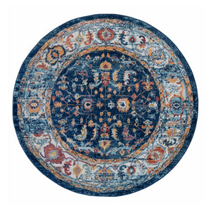 HomeRoots 5' Elegant Ivory Navy and Orange Floral Area Rug - Durable, Pet-Friendly Design for Busy Homes 6' Round 531903