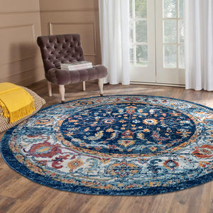 HomeRoots 5' Elegant Ivory Navy and Orange Floral Area Rug - Durable, Pet-Friendly Design for Busy Homes 6' Round 531903