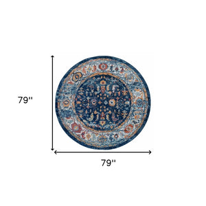 HomeRoots 5' Elegant Ivory Navy and Orange Floral Area Rug - Durable, Pet-Friendly Design for Busy Homes 6' Round 531903