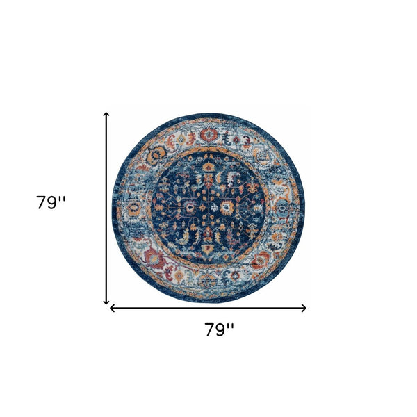 HomeRoots 5' Elegant Ivory Navy and Orange Floral Area Rug - Durable, Pet-Friendly Design for Busy Homes 6' Round 531903