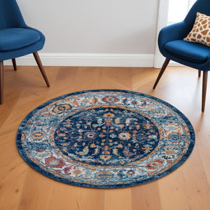 HomeRoots 5' Elegant Ivory Navy and Orange Floral Area Rug - Durable, Pet-Friendly Design for Busy Homes 6' Round 531903