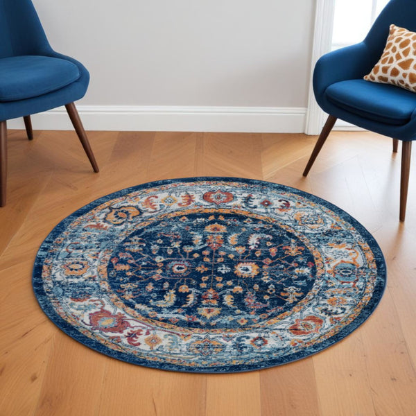 HomeRoots 5' Elegant Ivory Navy and Orange Floral Area Rug - Durable, Pet-Friendly Design for Busy Homes 6' Round 531903